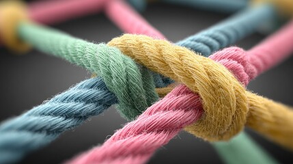 Intertwined colorful ropes close up abstract concept of connection