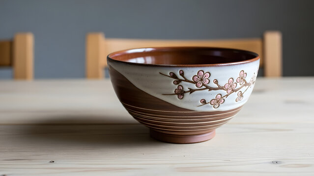 Traditional japanese ceramic tea cup with floral design on wooden table - Powered by Adobe