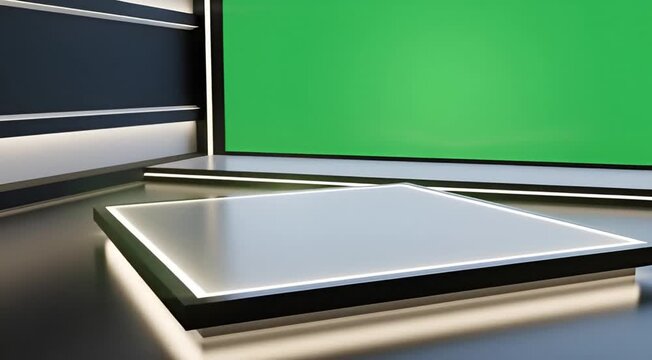 Empty modern virtual studio setup with green screen and illuminated platform, ready for chroma key broadcasting and digital media production
