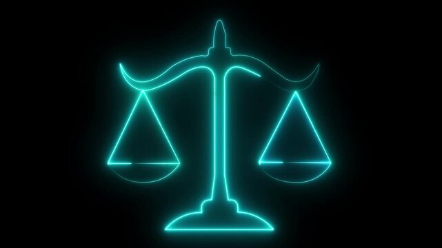 Glowing neon line Scales of justice icon isolated on black background. Court of law symbol. Balance scale sign. animation