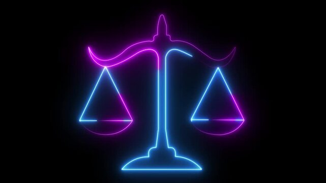 Glowing neon line Scales of justice icon isolated on black background. Court of law symbol. Balance scale sign. animation