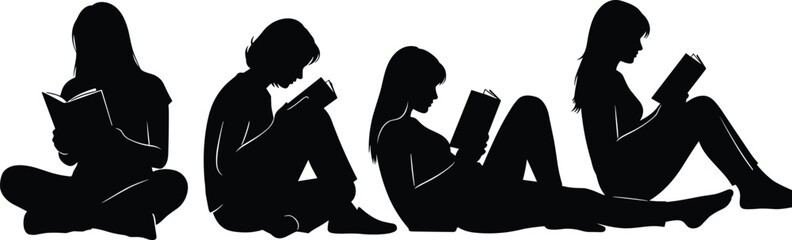 Reading girl silhouette collection, children studying books quietly, education learning concept, student knowledge activity, isolated black illustration design, set, art