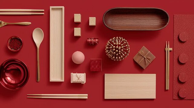 Lunar new year flat lay composition, red and cream color palette, minimal festive objects evenly spaced, top view, modern commercial look, chinese new year flat lay