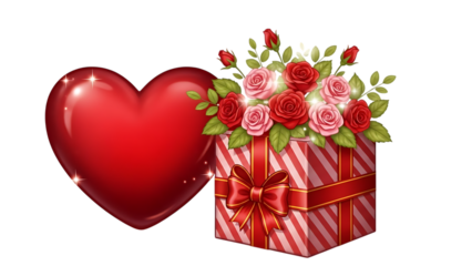 A red heart and a gift box with roses isolated on transparent background
