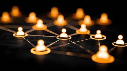 Connected network of people icons in glowing yellow on a dark background