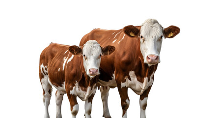 Two brown and white cows isolated on transparent background