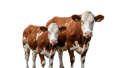 Two brown and white cows isolated on transparent background