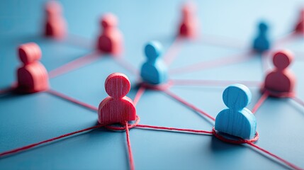 Connected figures illustrate networking and social interactions on blue background
