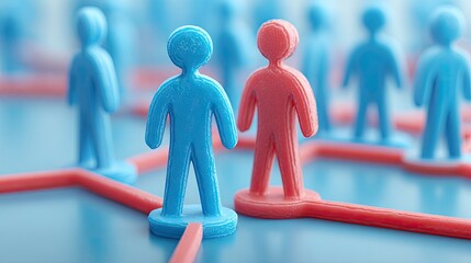 Abstract illustration of human figures connected by lines on a blue surface