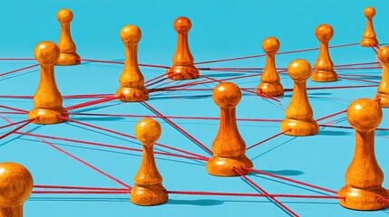 Wooden pawns connected by red strings against a blue background