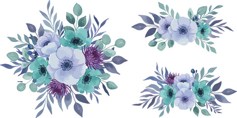 Watercolor floral bouquets in shades of purple and blue