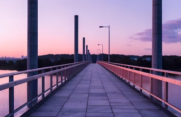 Pedestrian bridge pathway curves into the distance beneath a dramatic twilight sky featuring strong vertical architectural columns and soft ambient lighting