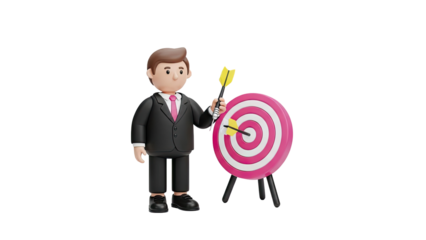 3D Cartoon businessman with darts and target on transparent background