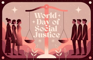 Illustration marking the world day of social justice featuring a prominent set of balancing scales representing equality between diverse groups of people