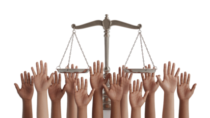 Scales of Justice with Hands Raised