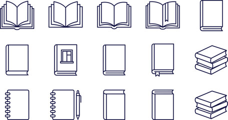Set of book and education icons including open textbooks notebooks literature library resources reading materials journals study guides and academic symbols