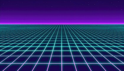 Retro style, grid of neon lines leading towards a star filled sky