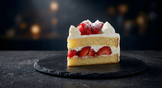 A slice of fresh strawberry shortcake with whipped cream on a black slate plate in an upscale restaurant with a nice atmosphere.