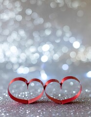 Valentines Card - Red Ribbon Shaped Hearts On Silver Shiny Background With Lights
