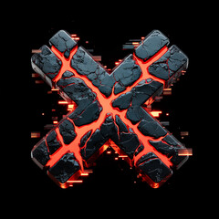 lava letter x 3d dark volcanic stone with glowing orange lava cracks on solid black