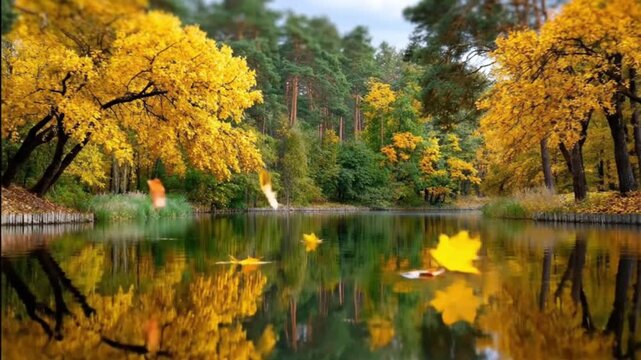 This beautiful and tranquil video captures the enchanting essence of autumn with vibrant trees reflected perfectly on a calm body of water. Golden yellow foliage, indicative of deciduous trees in thei