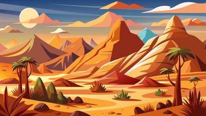 Desert mountain landscape vector with warm earth tones, minimal flat illustration