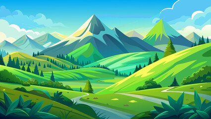 Green mountain landscape vector with rolling hills and blue sky, fresh spring nature scene