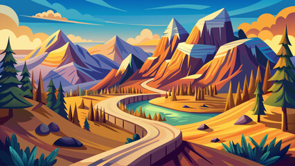 Mountain landscape vector with winding road, adventure travel concept, flat illustration