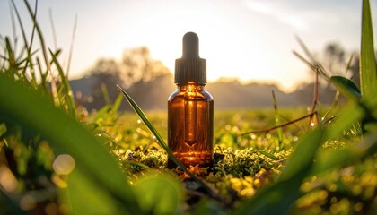 Amber dropper bottle sits in green grass, backlit by the sunrise