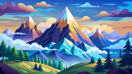 Mountain landscape vector with clouds floating between peaks, dreamy flat illustration