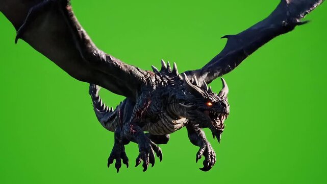 Flying black dragon with wings, in the style of fantasy art, green screen background.