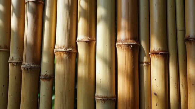 Close-animated movie view of tall bamboo stalks in warm sunlight highlighting textured stems and vertical rhythm