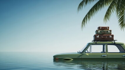 Car with luggage on top driving into the ocean