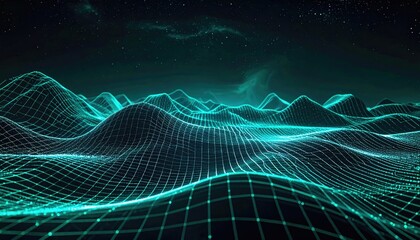 Abstract teal landscape. Grid-like hills against a starry night sky