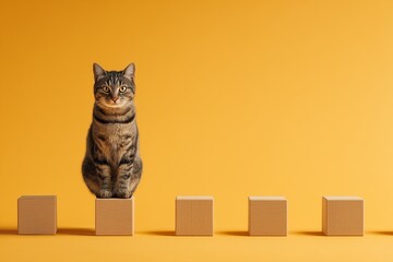 Cat sitting on blocks arranged at different heights.
