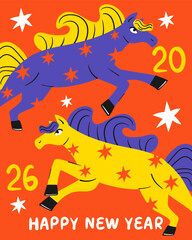 Colorful Chinese New Year of the horse 2026 greeting card. Hand drawn bright poster. Doodle style flat vector illustration.