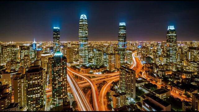 Vertical time-lapse of a futuristic city skyline at night. Traffic creates vibrant light trails on a complex highway interchange. Modern metropolis and urban development concept