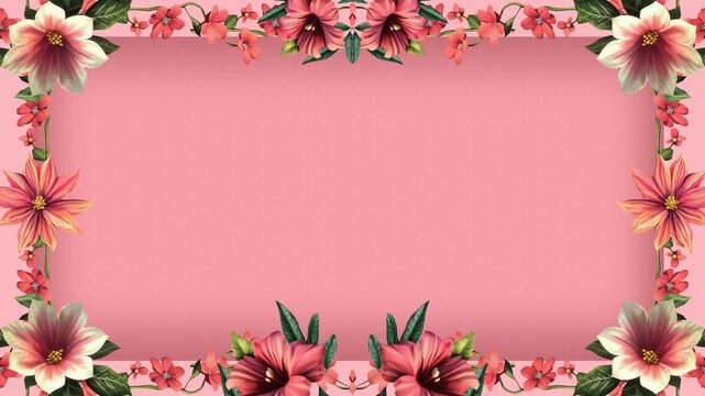 Elegant floral frame with soft pink flowers and delicate green leaves on a gentle pink background, perfect for adding a touch of romance and whimsy to any design or project