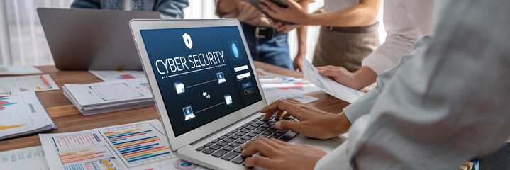 Cyber security system on computer screen protect private information brisk from hacker and cyber...