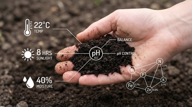 Hand holding fertile soil with digital agriculture icons, illustrating soil health, nutrient balance, sustainable farming, and environmental analysis
