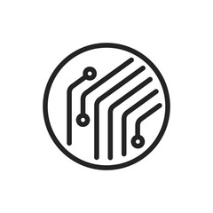 Circuit technology logo icon vector simple line stroke outline graphic illustration, digital electronics chip sign symbol pictogram, motherboard or processor cyber system logotype, hardware science
