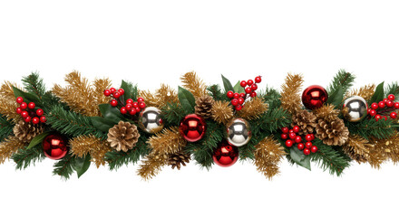 a luxurious, hyper-detailed metallic gold fir tree garland banner, featuring reflective red and silver baubles and holly berries, isolated on a transparent background. high-end holiday advertising