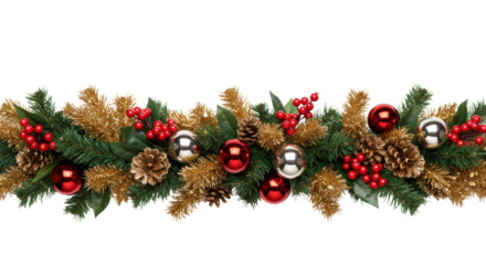a luxurious, hyper-detailed metallic gold fir tree garland banner, featuring reflective red and silver baubles and holly berries, isolated on a transparent background. high-end holiday advertising