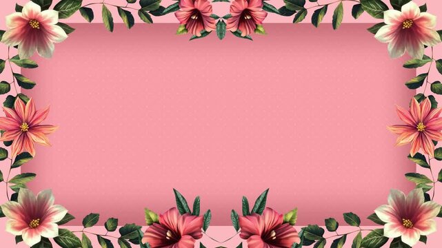 Elegant floral frame featuring vibrant pink flowers and lush green leaves on a soft pastel background, perfect for adding a touch of nature and beauty to any design or project