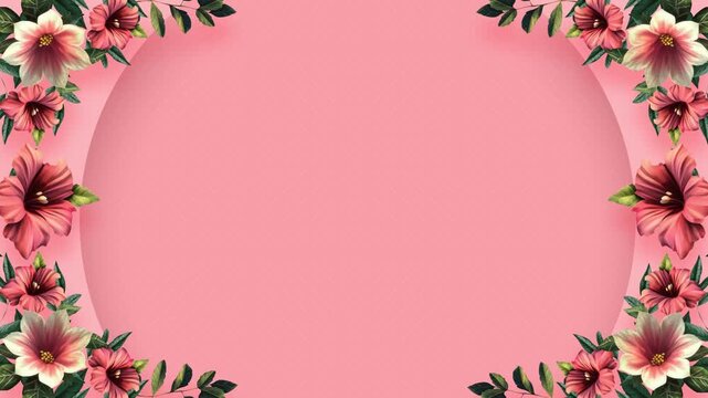 Elegant floral frame with vibrant pink flowers and lush green leaves on a soft pink background, perfect for decoration, design, and inspiration