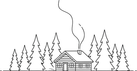 Minimalist line art drawing depicts a cozy wooden cabin nestled among tall evergreen trees with gentle smoke rising from the chimney.