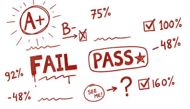 A red and white drawing of a grading sheet with a red A, B, C, and F. The A is a check mark, the B is a check mark, the C is a question marks