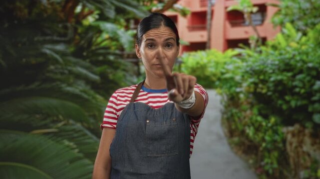 Woman wearing denim apron and striped shirt points finger at camera on narrow street beside tropical foliage and an orange building; authority.