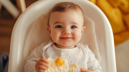Smiling Baby Eating Finger Food in High Chair at Home