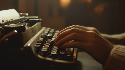 Hands Typing on Vintage Typewriter in Warm Light